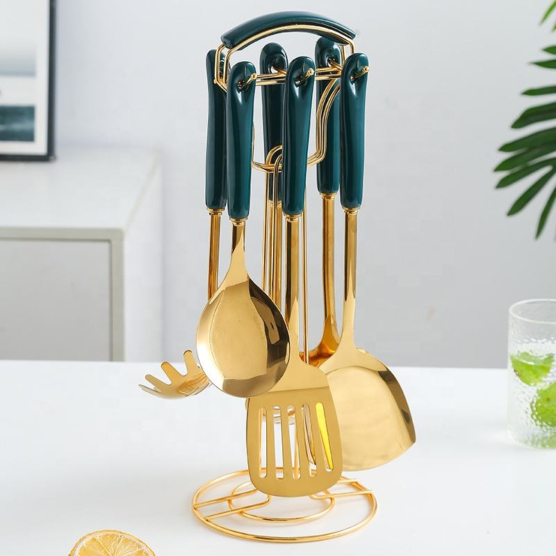 Gold Utensils Tools with Stand ( 6 Pieces )